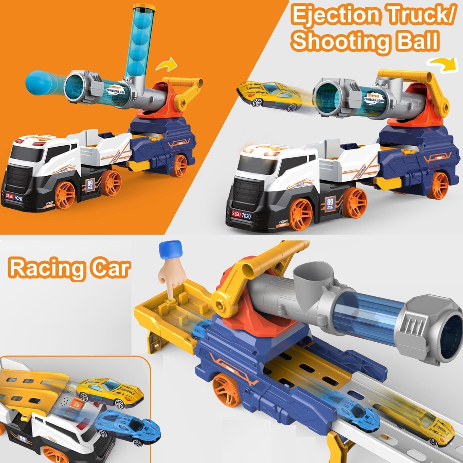 Truck Toys for Kids, Large Truck Toys Include 2 Racing Cars+4 Ball, with Light & Sounds, Eejection & Shooting Transport Cars Toy, Gifts for Boys Girls (Battery Not Included) - jugaad.shop