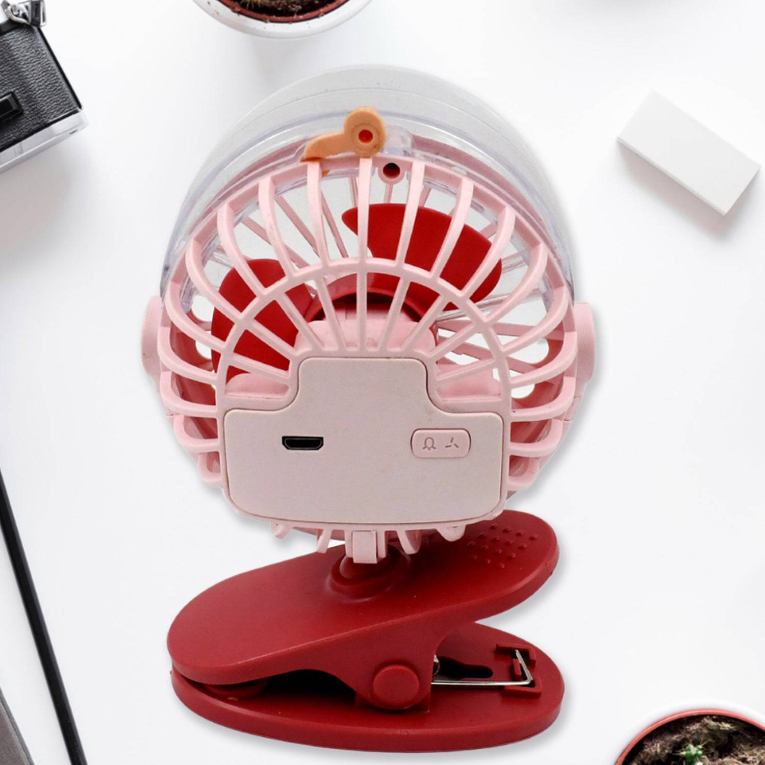 Portable Clip-on Fan, Battery Operated, With Light & Spray, Small Yet Powerful USB Table Fan, 3-Speed Quiet Rechargeable Mini Desk Fan, 360° Rotation, Personal Cooling Fan for Home, Office, Camping - jugaad.shop