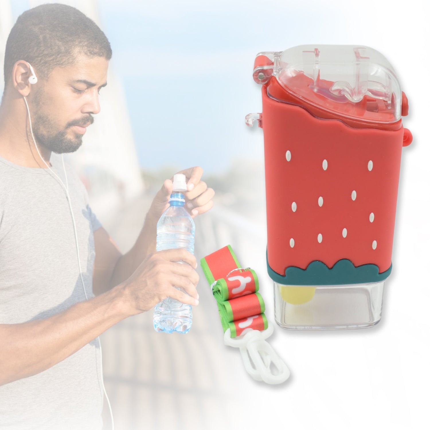 Portable Cute Water Bottle for Kids, Unique Ice Cream Shape water cup, Popsicle Shaped Plastic Kettle with Straw, Adjustable Shoulder Strap, BPA free, Leakproof (300 ML) - jugaad.shop