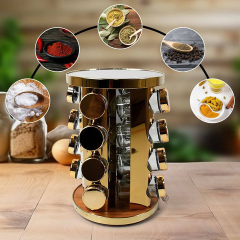 LED Spice Rack Organizer, Rotating Spice Rack with Free 16 Seasoning Jars, Revolving Tower Organizer Stainless Steel for Kitchen Storage (Golden / 16 Pc / MOQ - 6 pc) - jugaad.shop