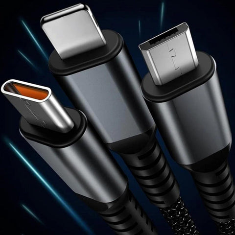 3-in-1 Super Fast Charging Cable 100w, Multifunctional Convenient Super Fast Charging Cable Nylon Braided Cord, 3-in-1 Silicone Zinc Alloy 3 Head Charging Cable - jugaad.shop