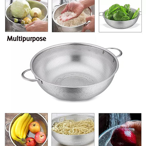 Stainless Steel Colander with Handle, Large Metal Mesh Basket Strainer for Pasta, Spaghetti, Berry, Veggies, Fruits,  Kitchen Food Colander, Dishwasher Safe (1 pc / 25.5 cm) - jugaad.shop