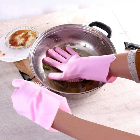 Dishwashing Gloves with Scrubber| Silicone Cleaning Reusable Scrub Gloves for Wash Dish Kitchen| Bathroom| Pet Grooming Wet and Dry Glove (1 Pair, 155Gm) - jugaad.shop