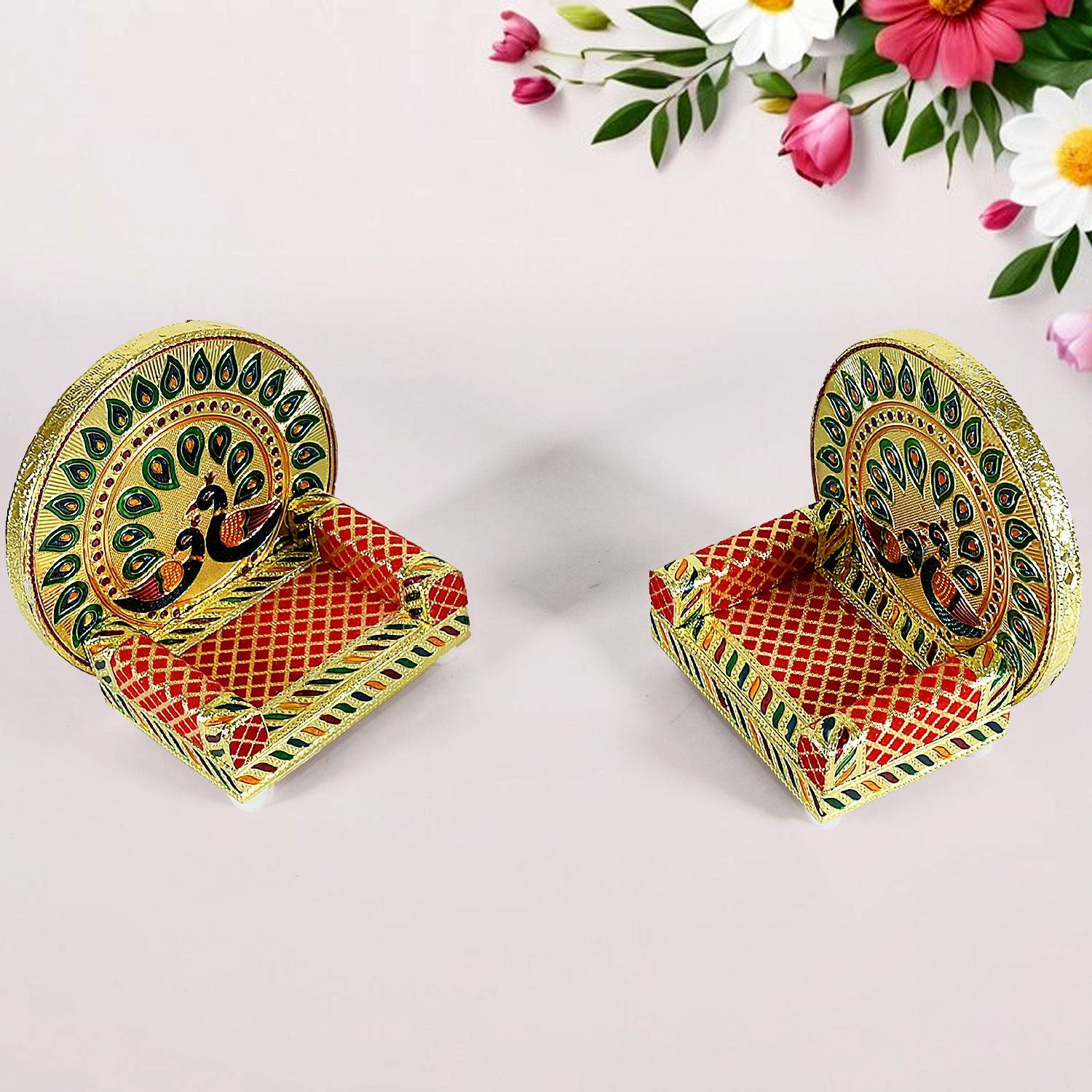 Meenakari Work Laddu Gopal Singhasan for Pooja Mandir Wooden Krishna Ladoo Bal Gopal Sofa Asan, Home Decorative Premium Look Decorative Singhasan Suitable For Home, Office, Restaurant (2 Pc Set) - jugaad.shop