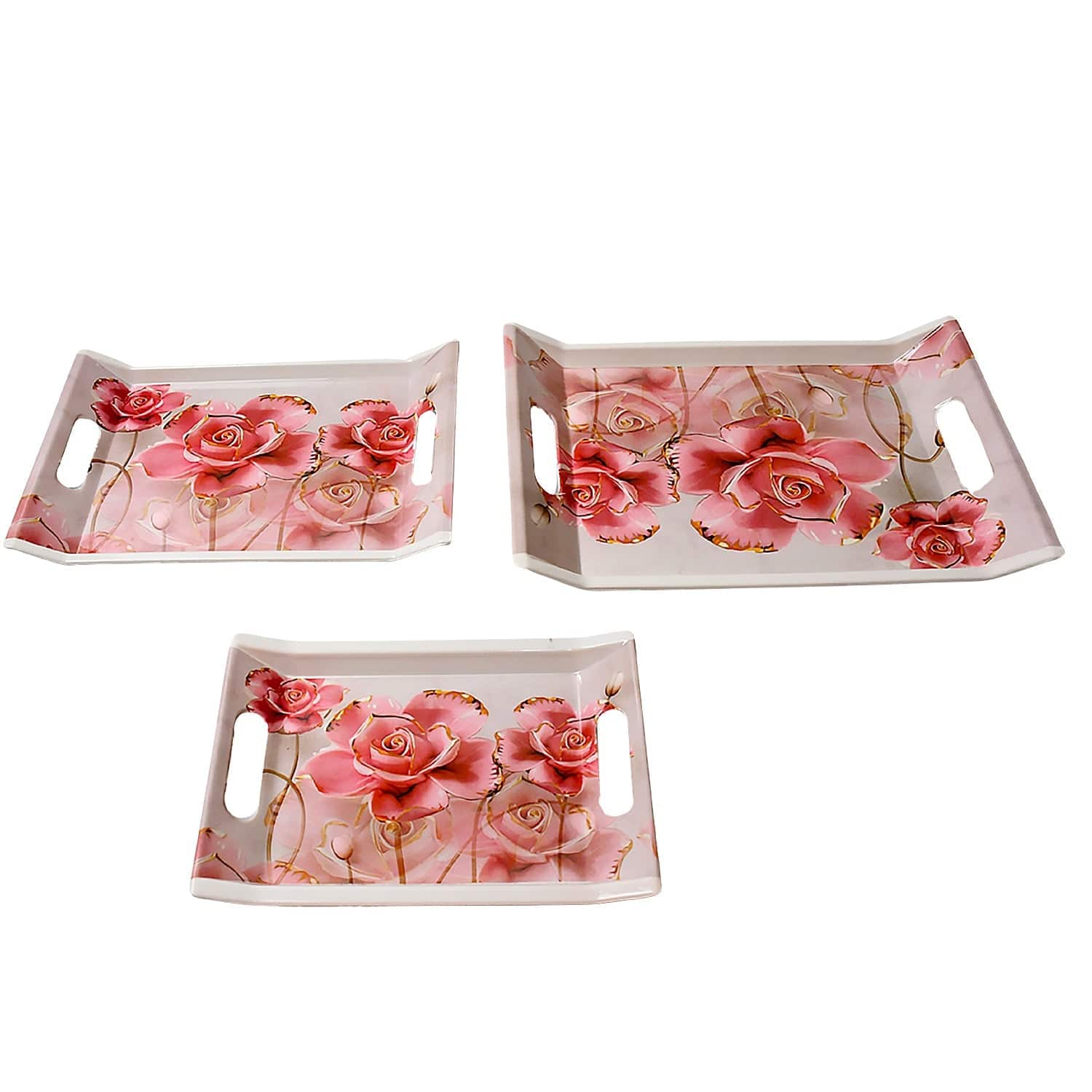 Plastic Rectangular Shape Flower Printed Design Serving Tray 3 pcs Home and Kitchen Use (3 pcs set) - jugaad.shop