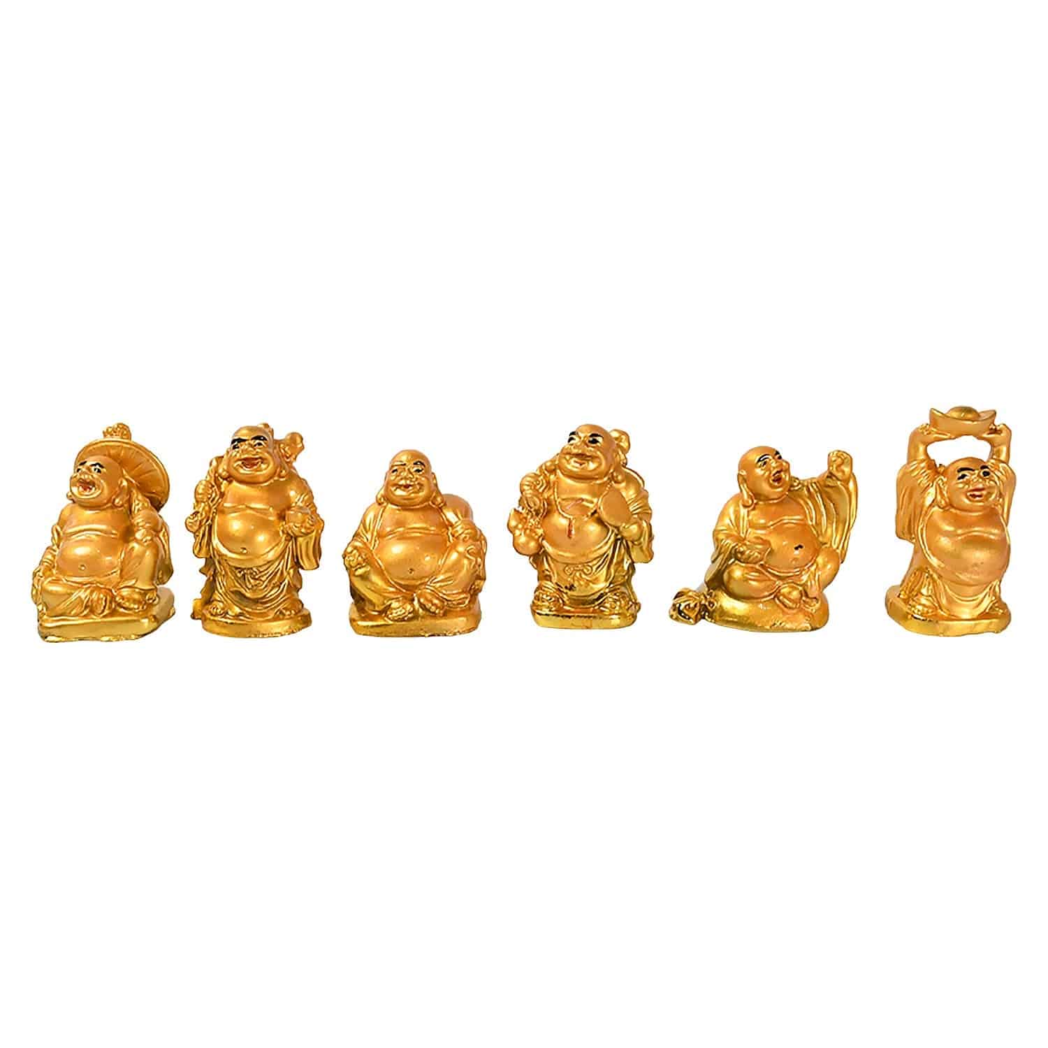 Golden Laughing Buddha Set Of Six Pieces Statue For Happiness, Wealth & Good luck Decor For Wealth and Success (6 Pcs Set) - jugaad.shop