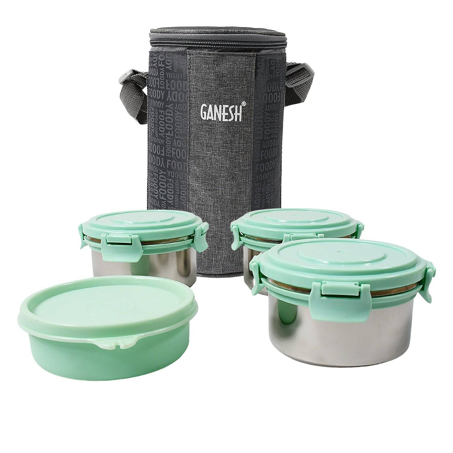 Ganesh 4In1 Tiffin Box-Lunch Box | 3 Stainless Steel Containers 300 Ml Approx & Plastic Salad Container 200 Ml Approx| Plastic lid Box | Round Zip Bag | Leak Proof | Microwave Safe for Office, College and School for Men, Women  - jugaad.shop