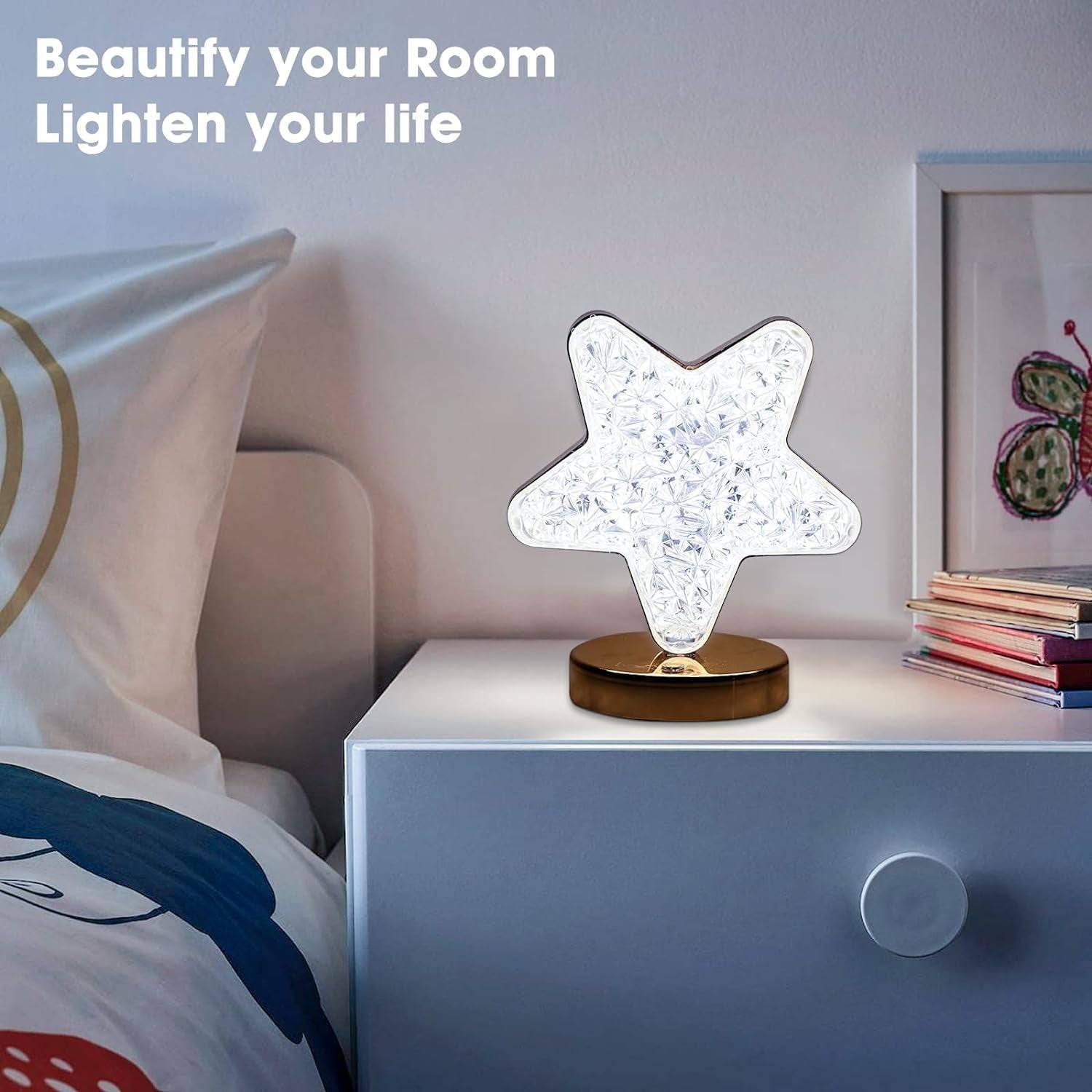 Star Shape Crystal Diamond Lamp Cordless Luxury Lamp with USB Rechargeable, 3-Way Dimmable & Touch Control Decorative Nightstand Lamp for Bedroom, Living Room, Party, Restaurant Decor (1 Pc ) - jugaad.shop