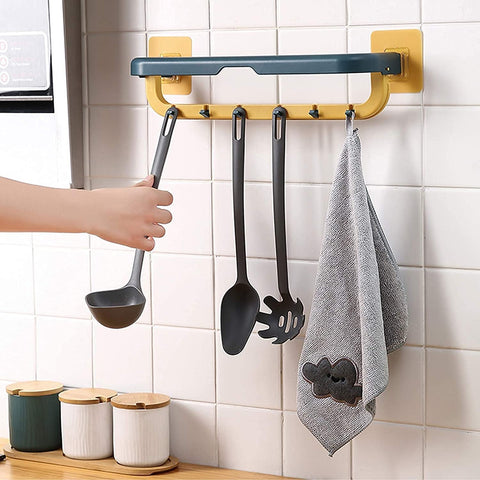 Wall Mounted Double Bar Towel Holder with Hooks | Multifunctional Adjustable Towels Rack for Kitchen / Bathroom | Folding Towel Shelf - jugaad.shop