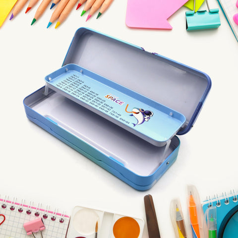 Stylish metal pencil box with double compartments, ideal for school kids