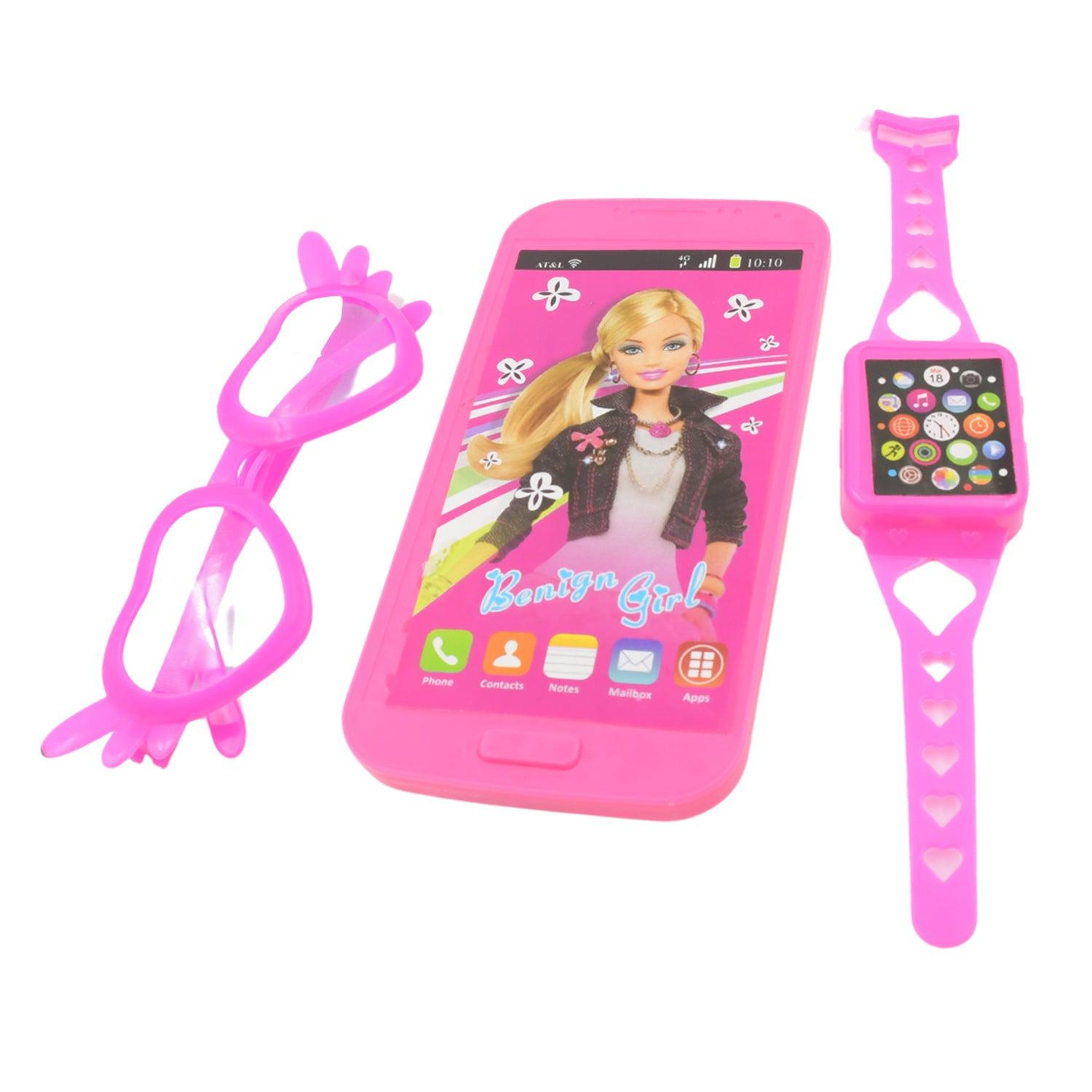 Barbiee Phone, Watch and Glasses Set for Girls, Beautiful Barbie Musical phone ABS Plastic Toy Battery Operated Barbie Glass | Musical Mobile Phone  / Toddler / Toy Phone for Kids / Calling Toy Phone (3 Pcs Set, Battery Not Included) - jugaad.shop