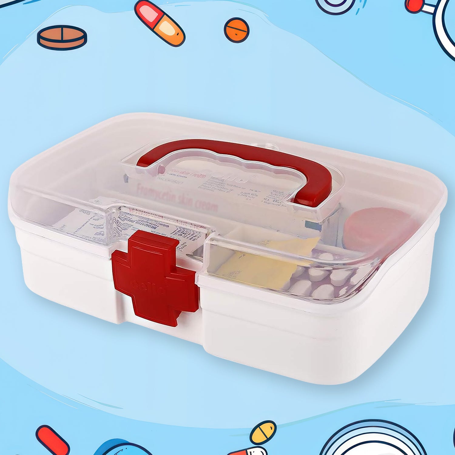 3 Compartment Medical Box, 1 Piece, Indoor Outdoor Medical Utility, Medicine Storage Box, Detachable Tray Medical Box Multi Purpose Regular Medicine, First Aid Box with Handle, Transparent Lid & Color Box  - jugaad.shop