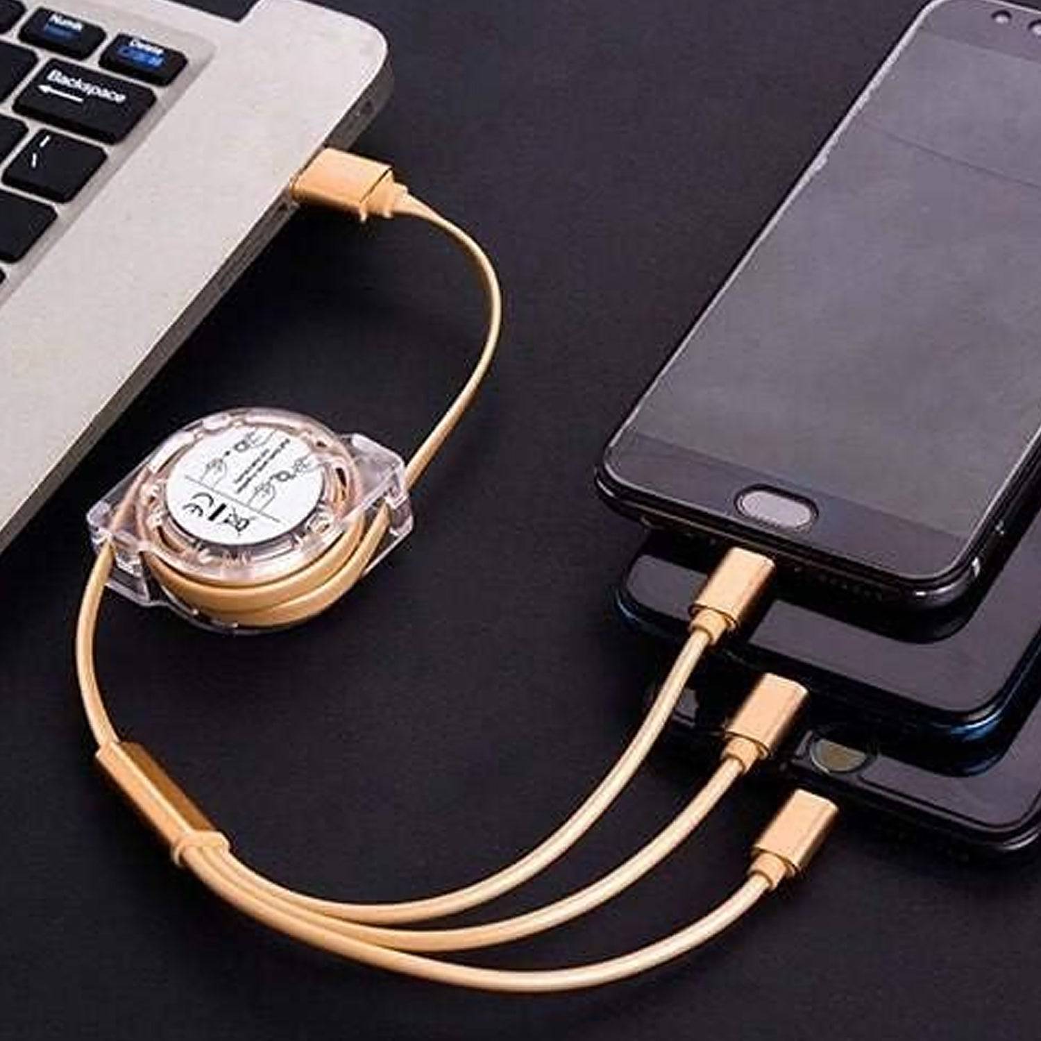 Retractable Charger Charging Cable, Micro USB Cable, 3 in 1, Multi Charging Cable, Compatible with Phone / Type C / Micro Android USB and Other Mobile Devices (1 Pc) - jugaad.shop