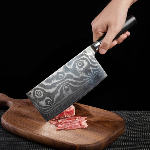 Stainless Steel Chef Damascus Cleaver Vegetable Knife with Plastic Handle & Cover, Multipurpose Use for Kitchen or Restaurant (12 Inch) - jugaad.shop