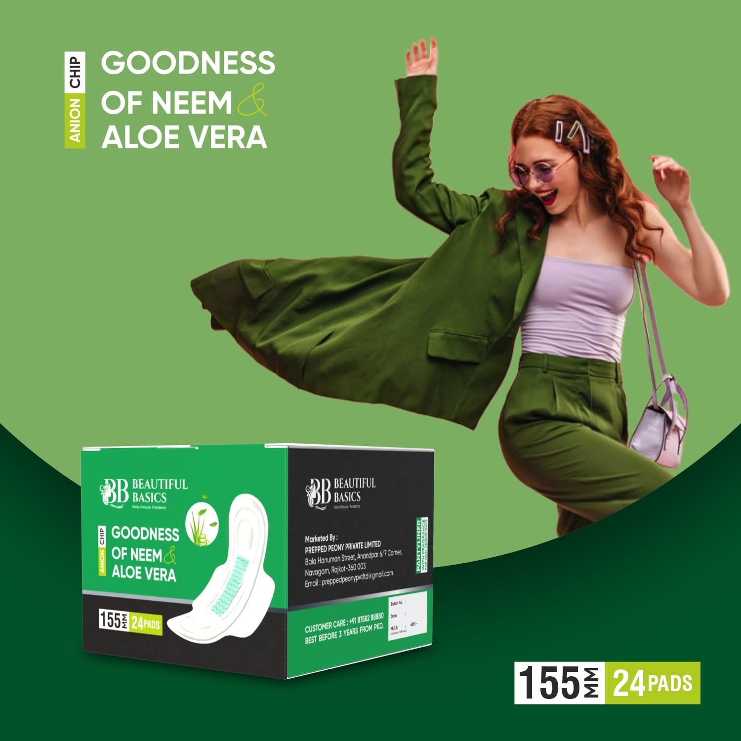 Sanitary Pads for Women With Goodness of Neem & Aloe Vera | Ultra Thin | Leakage Protection | PH Balance | With Antibacterial Anion Chip | (155 MM / 24 Pads) - jugaad.shop