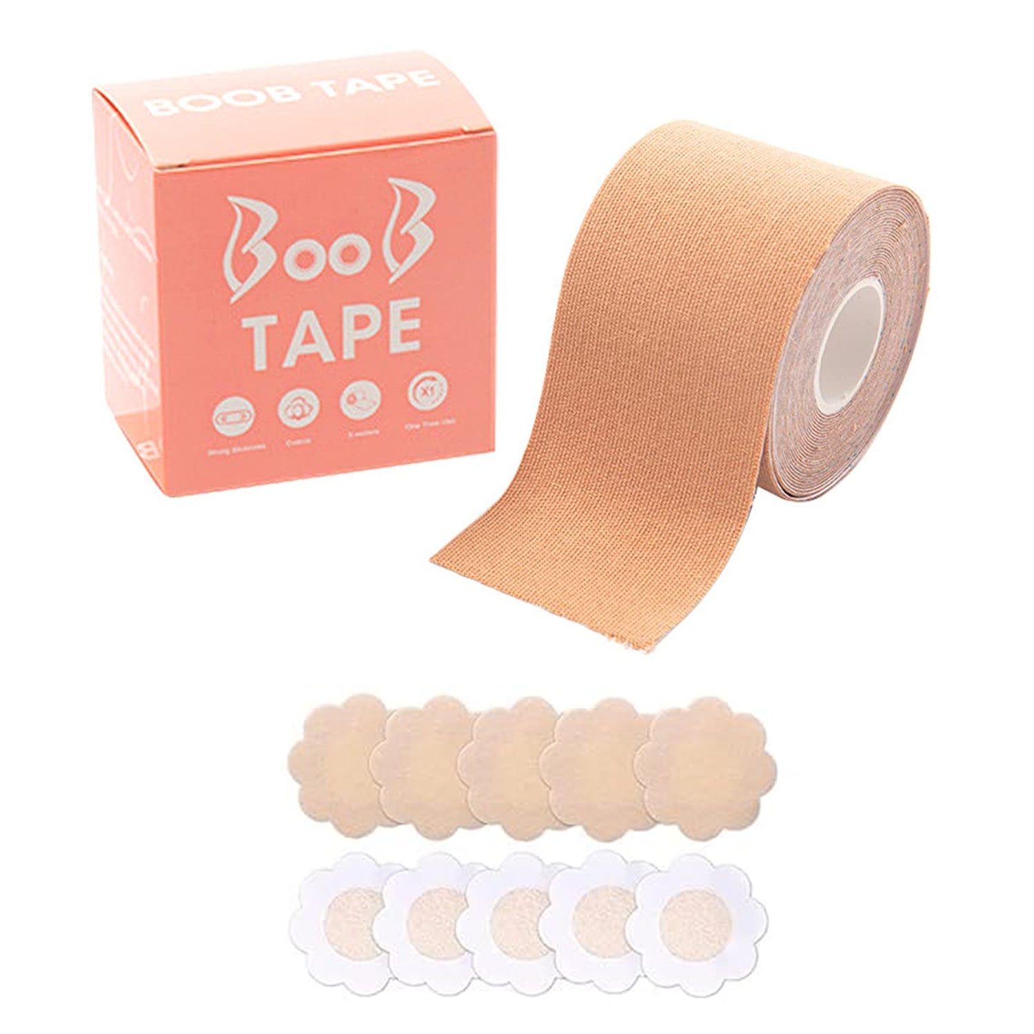 Boob Tape with Nipple Covers: Cotton, Breathable, Lift & Support (5m, 10 Pairs) - jugaad.shop