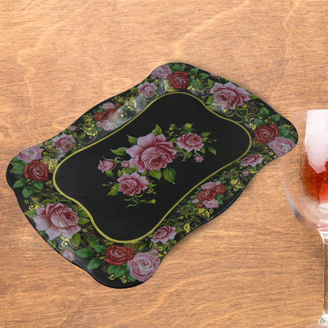 Stainless Steel Serving Tray With Flower Printed Rectangle Premium Dining Table Plate (18 x 8.5 Inch / 1 Pc) - jugaad.shop