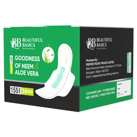 Sanitary Pads for Women With Goodness of Neem & Aloe Vera | Ultra Thin | Leakage Protection | PH Balance | With Antibacterial Anion Chip | (155 MM / 24 Pads) - jugaad.shop