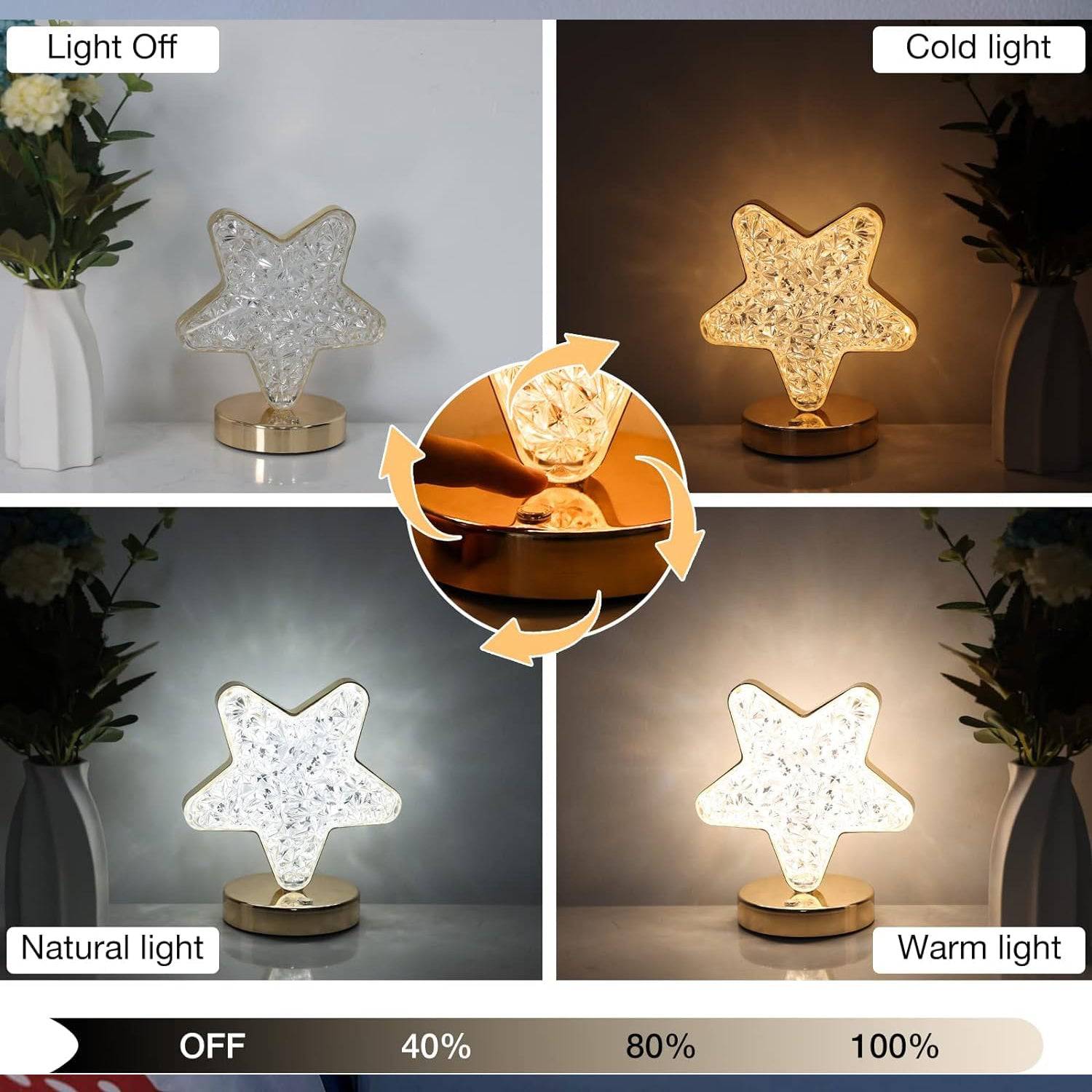 Star Shape Crystal Diamond Lamp Cordless Luxury Lamp with USB Rechargeable, 3-Way Dimmable & Touch Control Decorative Nightstand Lamp for Bedroom, Living Room, Party, Restaurant Decor (1 Pc ) - jugaad.shop