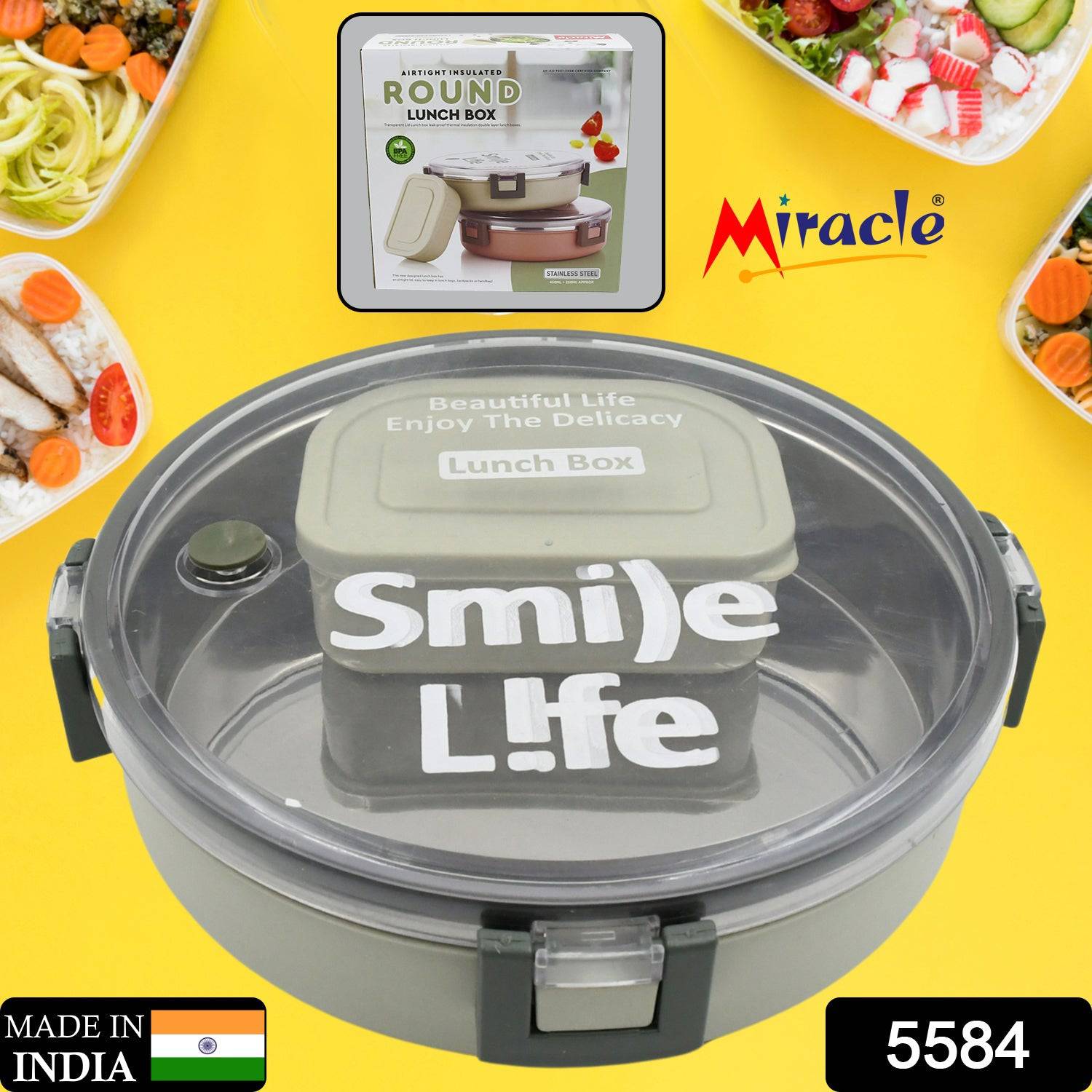 Miracle Stainless Steel Round Lunch Box, with Small Plastic Box Insert Leak Proof Lunch Box with Transparent lid, Lunch Box for Kids & Adults for School, Office (450 ML + 250 ML Approx) - jugaad.shop