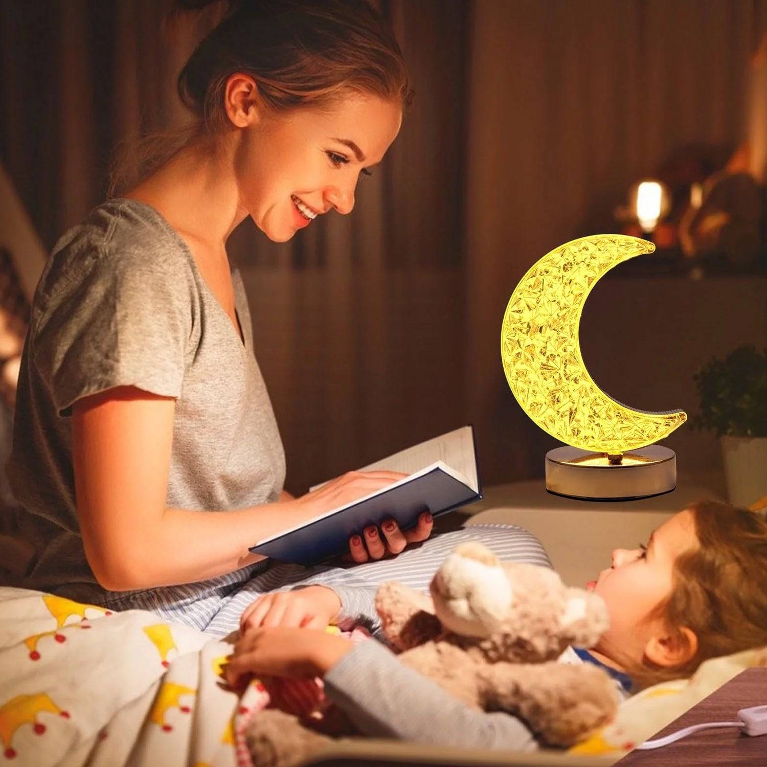 Crystal Table Lamp | Moon Shape Touch Control Lamp with 3 Color | Metal Bedside Lamp for Kids Bedroom Romantic Desktop Nightstand | Stepless Dimming USB Charging Touch Night Light - jugaad.shop