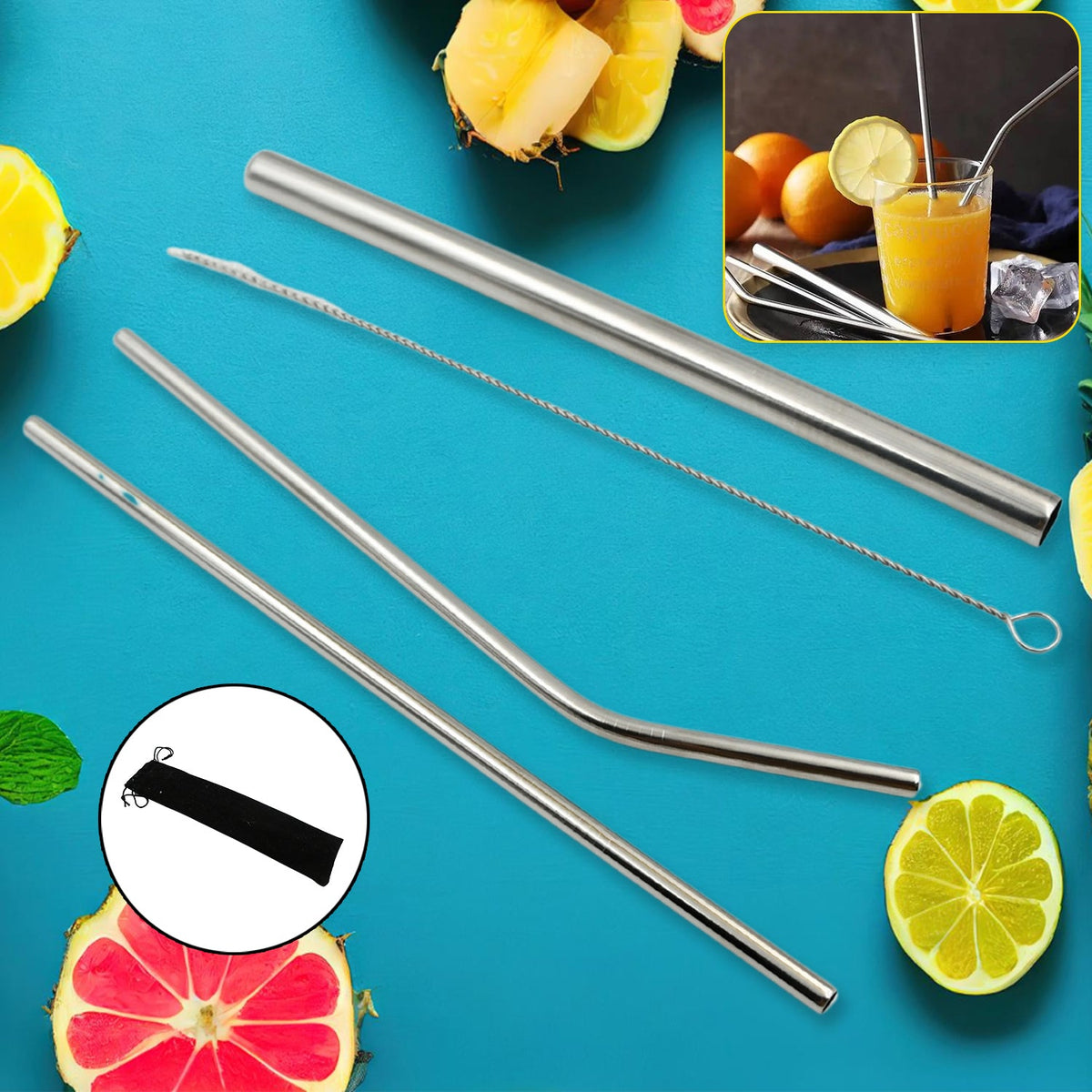 Reusable Stainless Steel Straws with Travel Case Cleaning Brush Eco Friendly Extra Long Metal Straws Drinking Set of 4 (2 Straight straws, 1 Bent straws, 1 Brush) - jugaad.shop