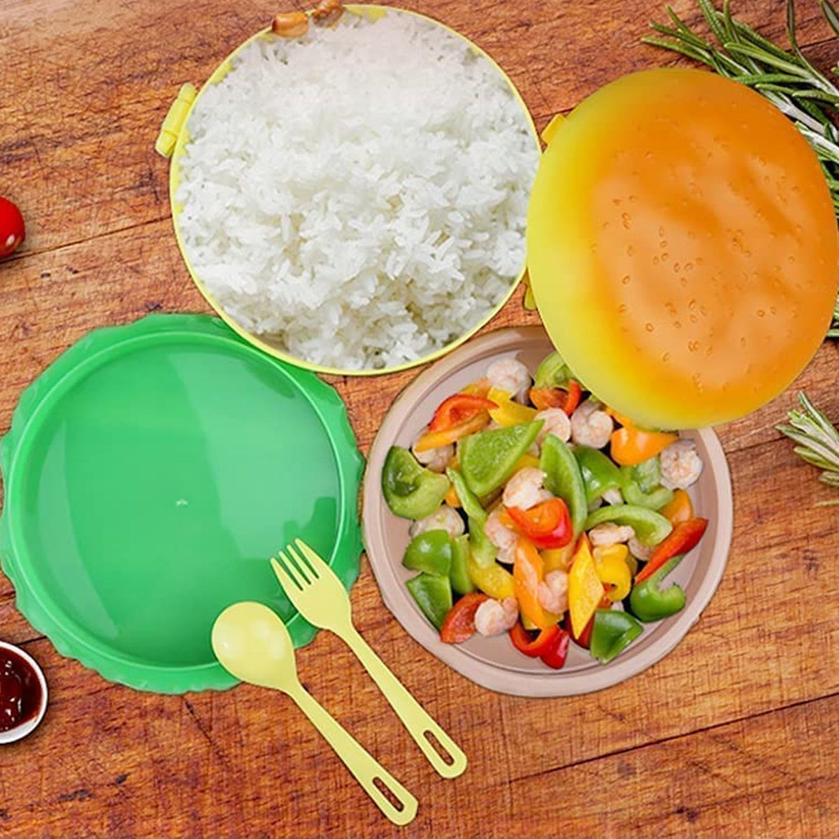 Burger Shape Lunch Box Plastic Lunch Box Food Container Sets Double Layer Lunchbox 1000ml With 2 Spoon Applicable to Kids and Elementary School Students - jugaad.shop