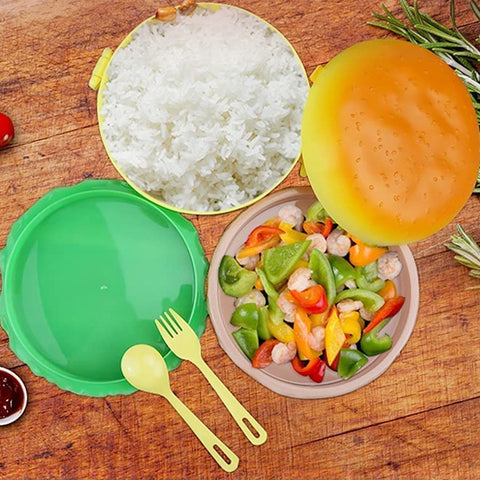 Burger Shape Lunch Box Plastic Lunch Box Food Container Sets Double Layer Lunchbox 1000ml With 2 Spoon Applicable to Kids and Elementary School Students - jugaad.shop