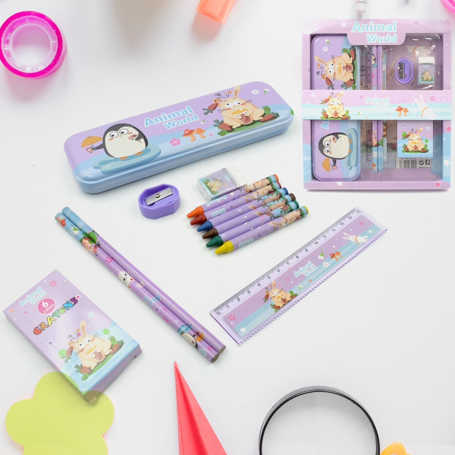 School Supplies Stationery Kit with 1 Pencil Box Case 2 Pencils 6 Crayon Colors 1 Ruler Scale 1 Eraser 1 Sharpener Stationary Kit for Girls Pencil Pen Book Eraser Sharpener Crayons - Stationary Kit Set for Kids Birthday Gift (12 Pc Set) - jugaad.shop