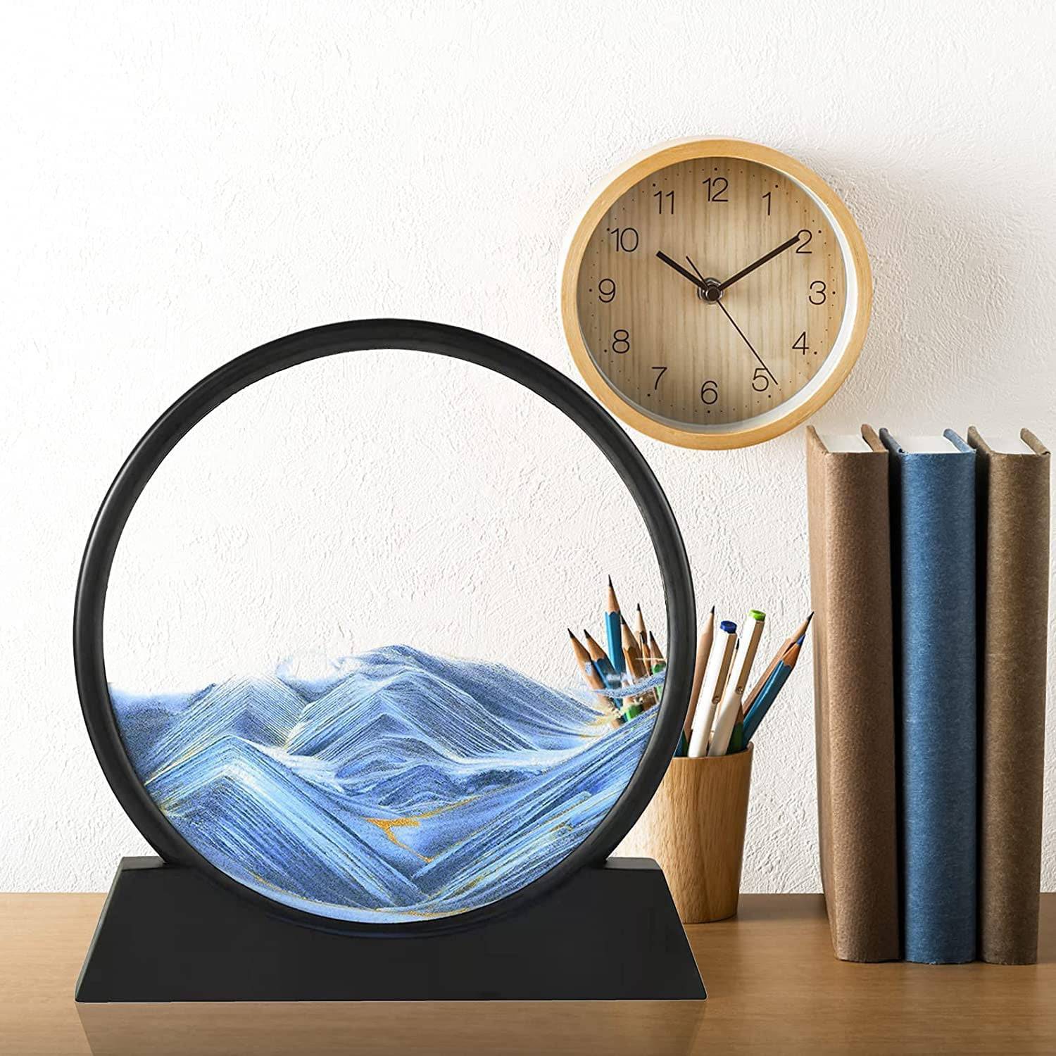 Moving Sand Art Picture Decor, 3D Deep Sea Sandscape Liquid Motion, Round Glass Frame Display Flowing Sand Relaxing Gift for Kids Adults Painting Artistic Sandscape for Home, Office, Ornament Desktop Art Bookshelves Decoration (1 Pc ) - jugaad.shop