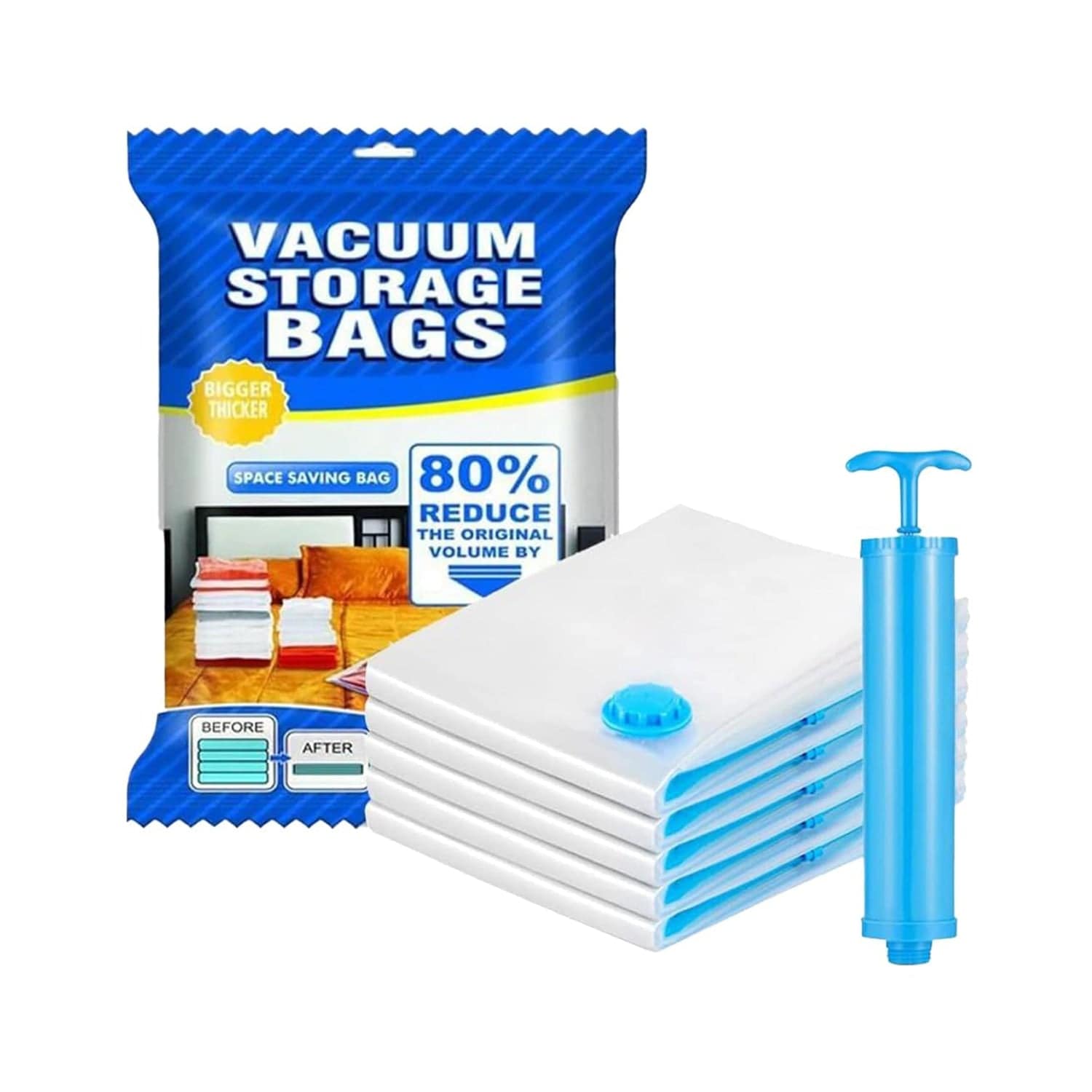 Vacuum Storage Bags with Suction Pump & Shirt clips - Vacuum Bags - Big Capacity Vacuum Seal Bags for Travel Clothes Blankets Pillows, Compression Bags | Space Saver Vacuum Storage Bags (5 Pcs Set) - jugaad.shop