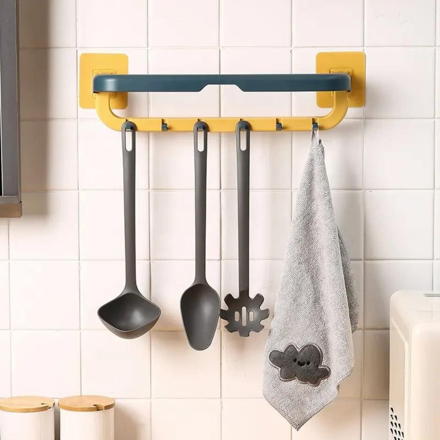 Wall Mounted Double Bar Towel Holder with Hooks | Multifunctional Adjustable Towels Rack for Kitchen / Bathroom | Folding Towel Shelf - jugaad.shop