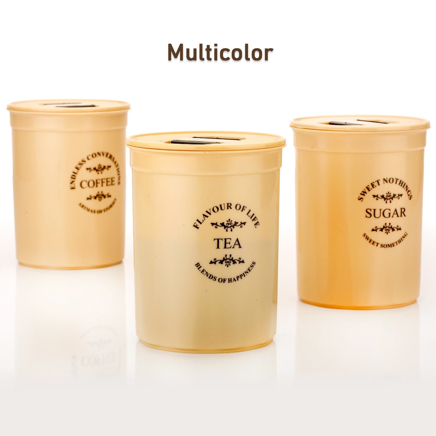 Accurate Seal Tea Sugar Coffee Container - 3 Pcs Plastic Damru Shaped Tea, Coffee, Sugar Canisters Jar, New Airtight Food Seal Containers for Salt, Dry Fruit, Grocery Multicolor (3 Pcs Set) - jugaad.shop