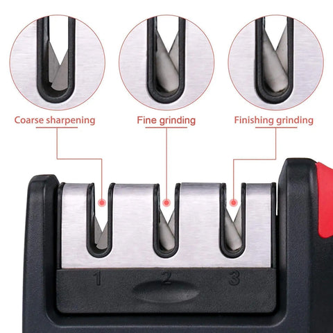 Red knife sharpener with 3 stages for precise sharpening