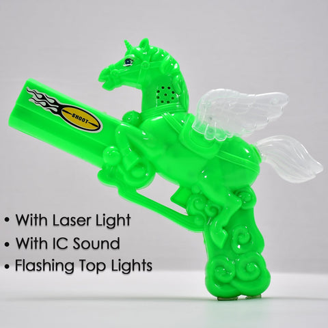 Laser light effect toy gun, in action, colorful lights