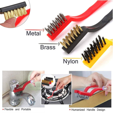 3pc Mini Wire Brush Set Brass Nylon Stainless Steel Bristles Household Cleaning Brush for Gas Stove, Smoke Machine Tool Burner Tiles Tap Rust Removal Welding Slag Dirt & Paint Scrubbing (3 Pcs Set) - jugaad.shop