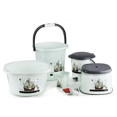 6-piece plastic bathroom set including bucket, dustbin, mug, stool, soap case, and tub, various perspectives.