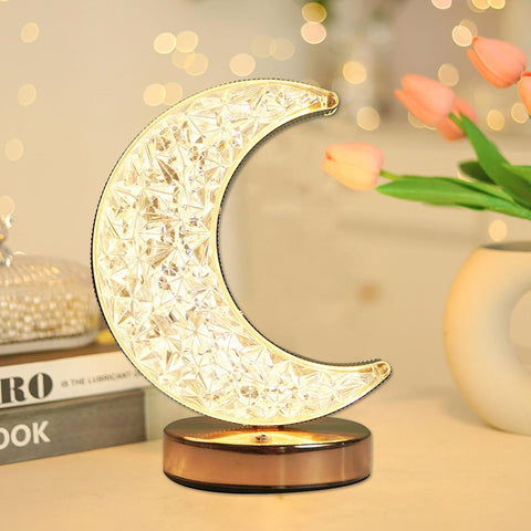 Crystal Table Lamp | Moon Shape Touch Control Lamp with 3 Color | Metal Bedside Lamp for Kids Bedroom Romantic Desktop Nightstand | Stepless Dimming USB Charging Touch Night Light - jugaad.shop