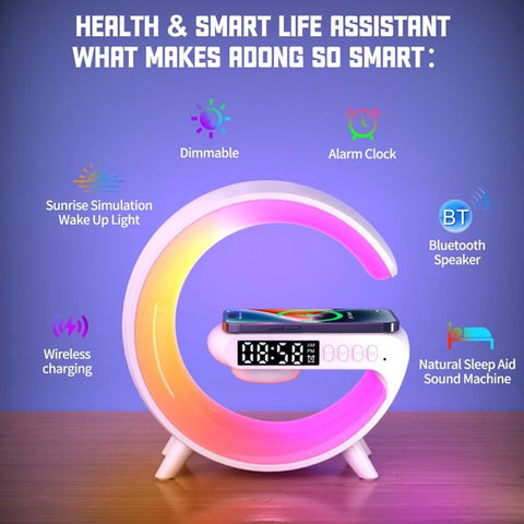 Smart Alarm Clock with G-Shape RGB Light Bluetooth Speaker, Wireless Charging (1 Pc)-jugaad.shop