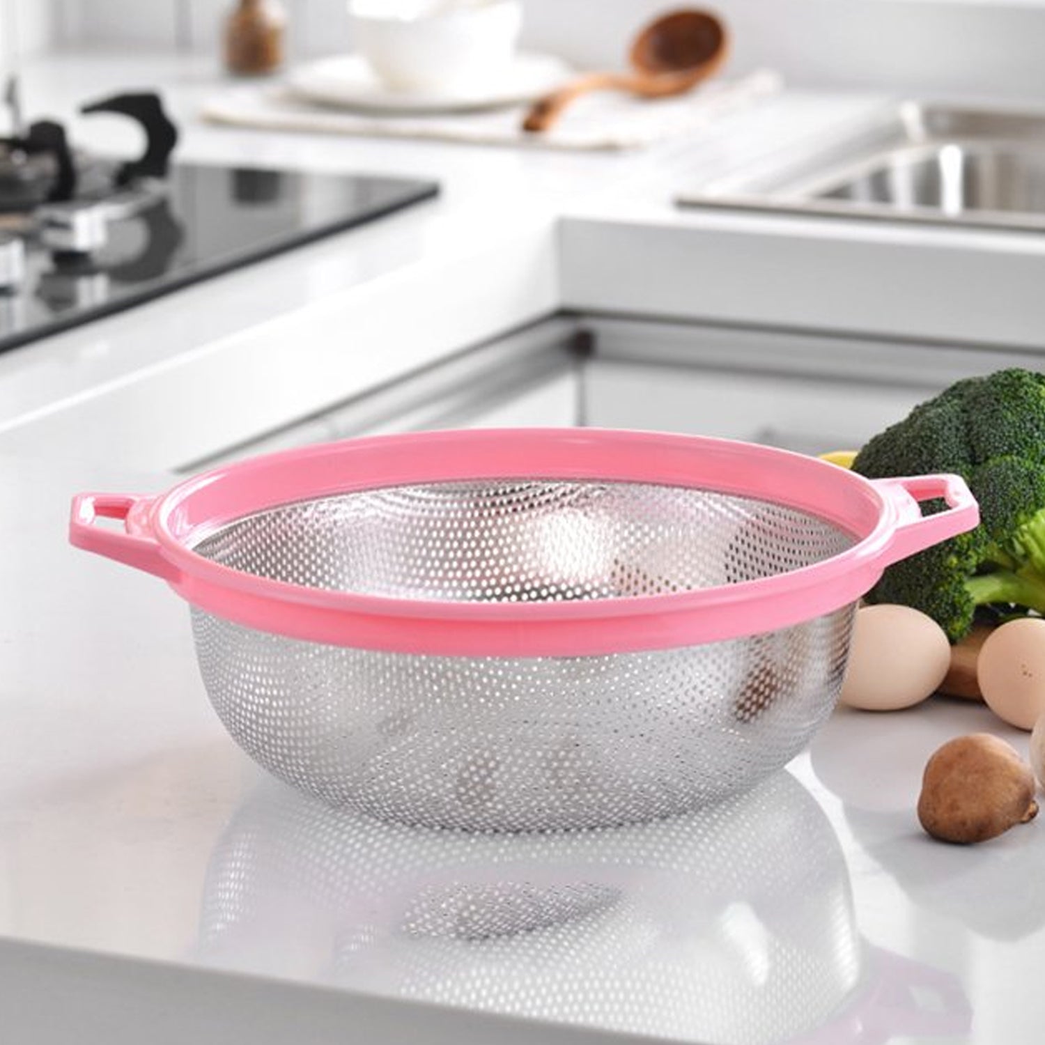 Stainless Steel Colander with Handle - Large Metal Mesh Basket Strainer (1 pc) - jugaad.shop