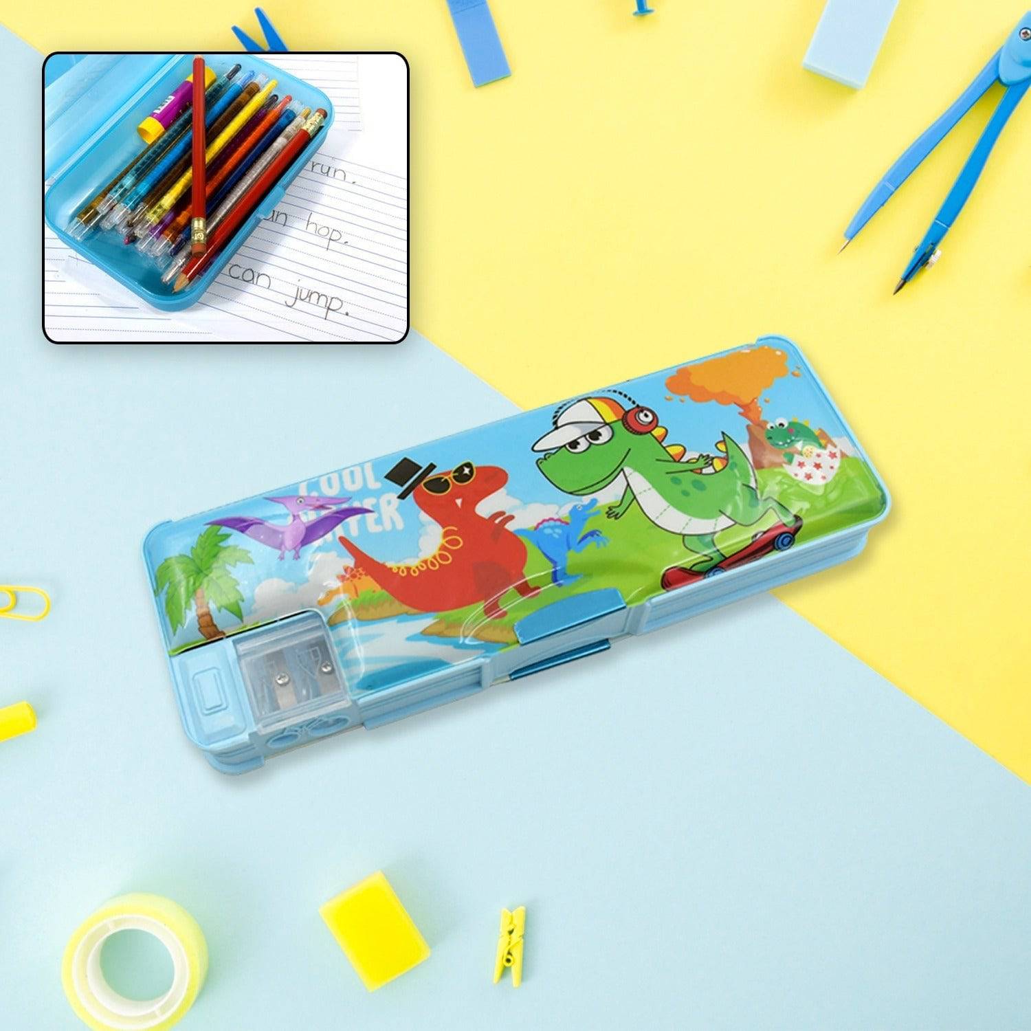 Multipurpose Compass Box, Plastic Double Deck Pencil Case with 2 Compartments, Supplies Utility Box Storage Organizer, Pencil Box for School, Cartoon Printed Pencil Case for Kids, Birthday Gift for Girls & Boys (1 Pc Mix Design) - jugaad.shop