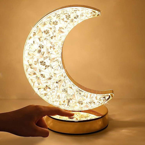 Crystal Table Lamp | Moon Shape Touch Control Lamp with 3 Color | Metal Bedside Lamp for Kids Bedroom Romantic Desktop Nightstand | Stepless Dimming USB Charging Touch Night Light - jugaad.shop