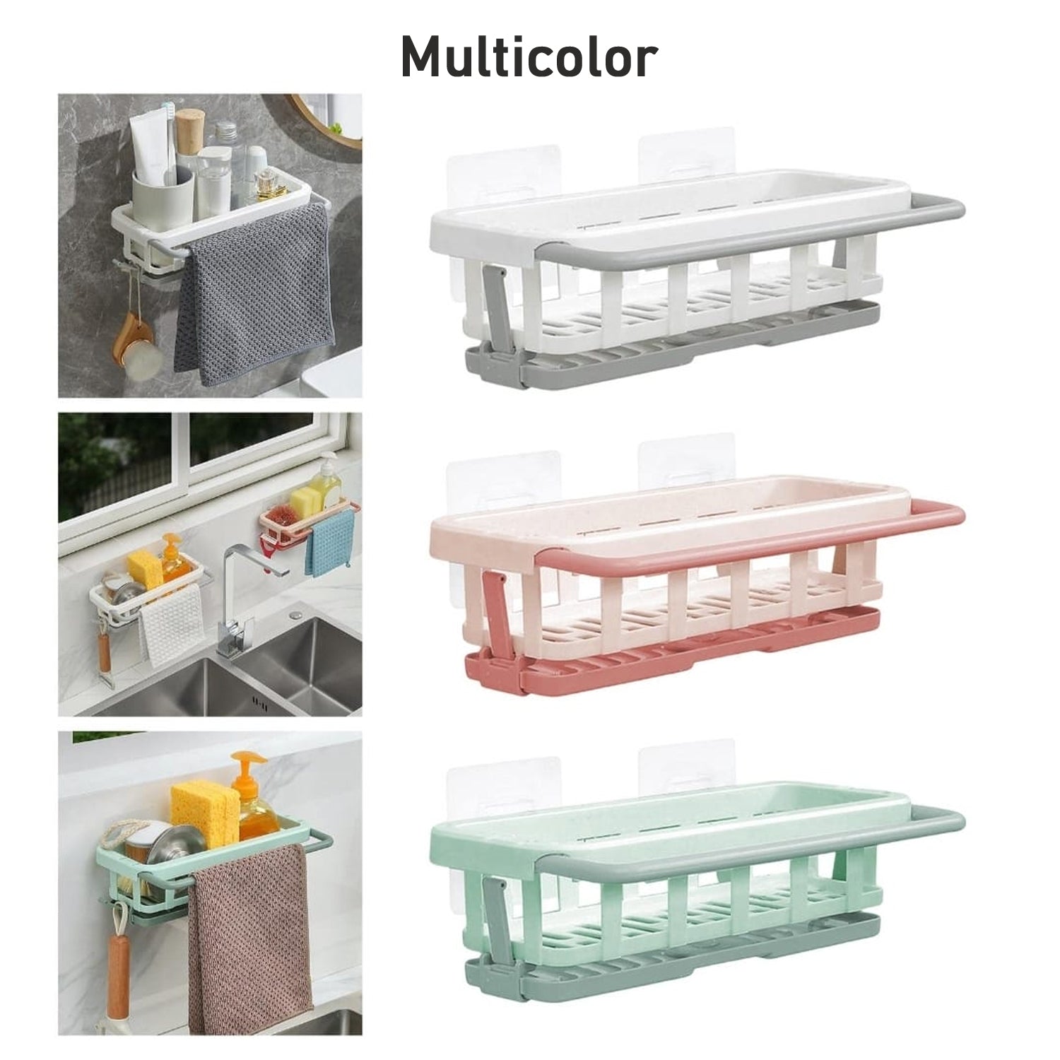 Multipurpose Platic Hanging Drain Rack Retractable Sponge Storage Hanging Rack With Adhesive Hook for Kitchen and Bathroom Dishcloth Holders Basket Drying Tray Organizer - jugaad.shop