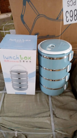 Stainless steel lunch box with four layers for hot food.