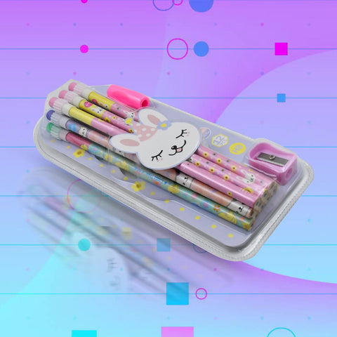 14-piece pencil set with cute illustrations and erasers