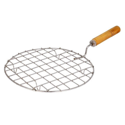 Round stainless steel barbecue grill with wooden handle.