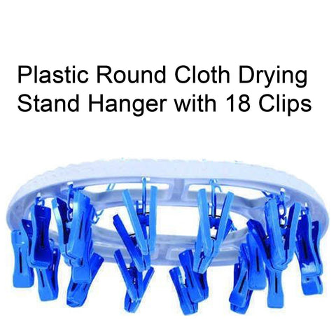 Plastic round drying stand with 18 strong clips for clothes.