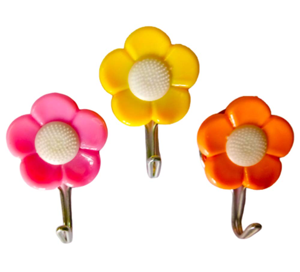 Colorful flower wall hooks for organizing small items.