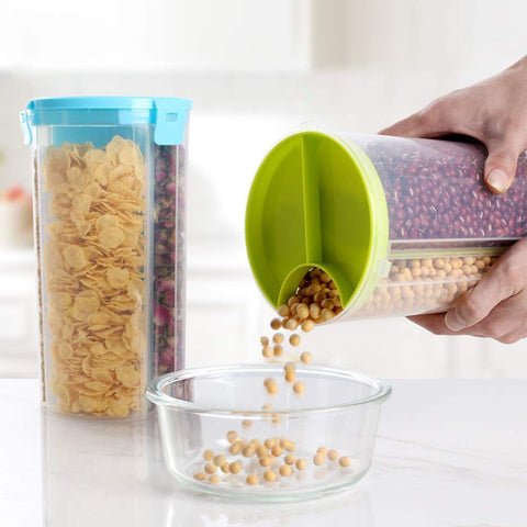 Multi-purpose transparent dispenser with airtight seal and color box for storage.