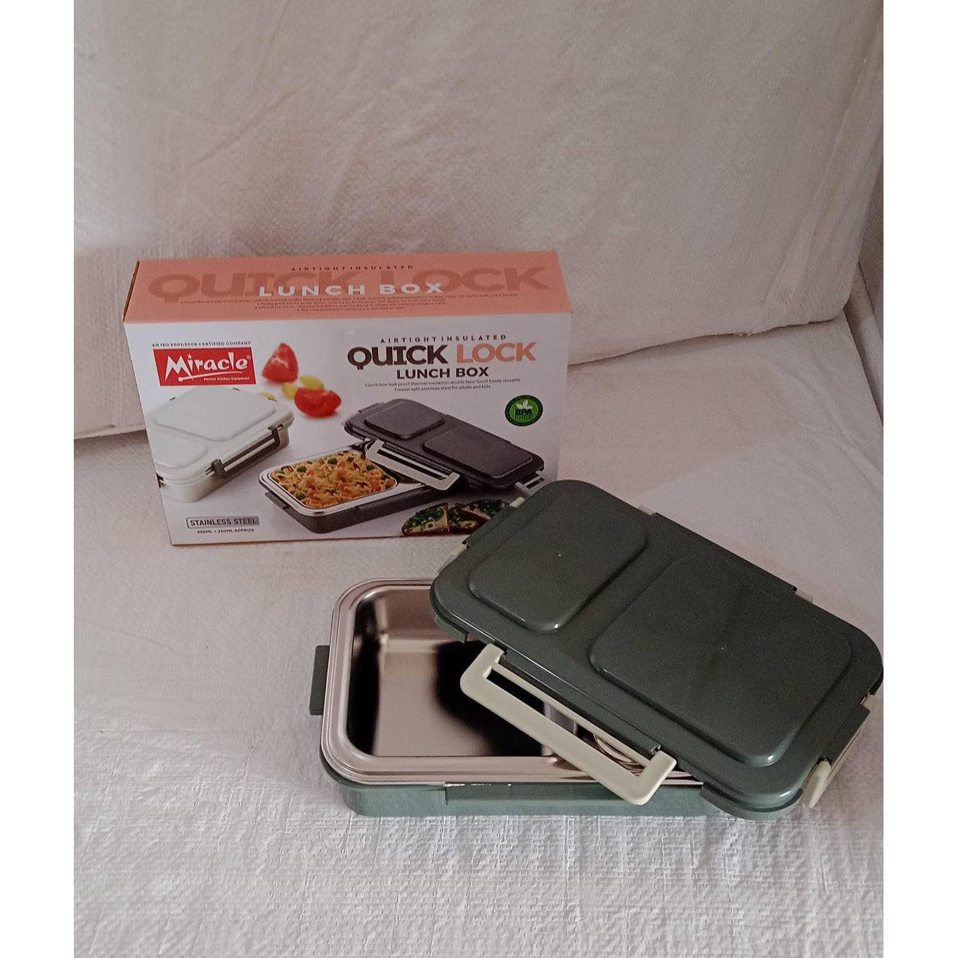 Miracle Quick Lock Leak Proof 2 Compartment Stainless Steel LUNCH BOX Inner Plate Reusable Microwave Freezer Safe Lunch Box Trendy Thermal Insulation Leak Proof for Office Vacuum Tiffin Box for Boys / Girls / School / Office Women and Men  - jugaad.shop